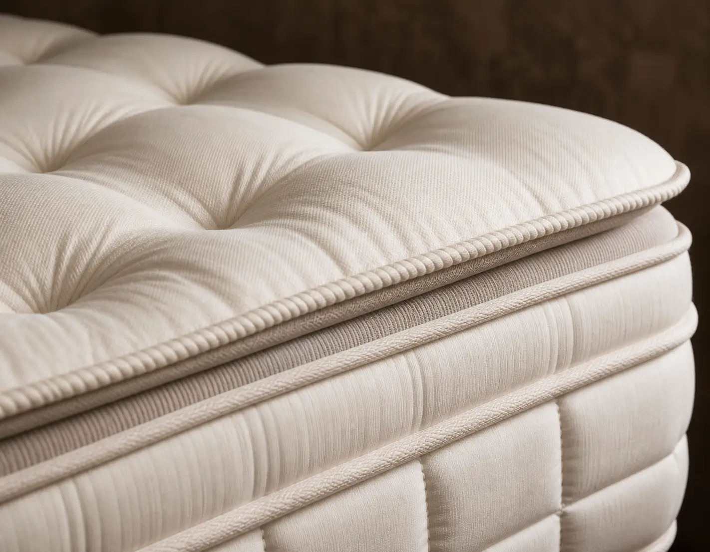 Close view of Vooka mattress tufting, piping and layered construction